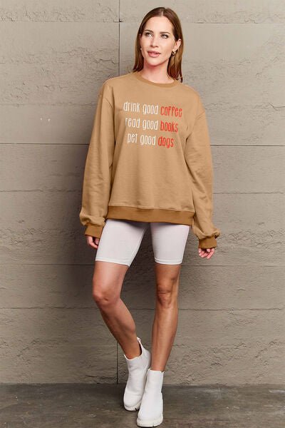 Simply Love Full Size Letter Graphic Round Neck Sweatshirt - Sweater - Camel - Bella Bourget