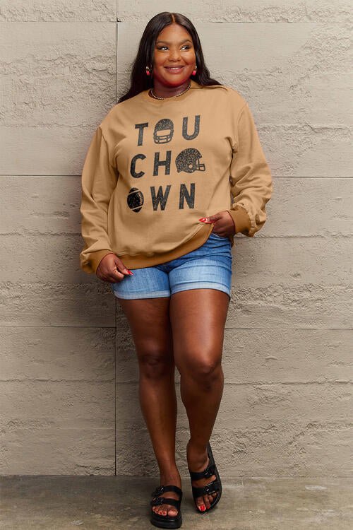 Simply Love Full Size TOUCHDOWN Long Sleeve Sweatshirt - Full Size Sweatshirt - Camel - Bella Bourget