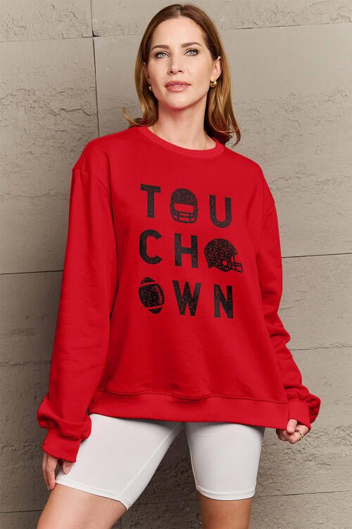 Simply Love Full Size TOUCHDOWN Long Sleeve Sweatshirt - Full Size Sweatshirt - Deep Red - Bella Bourget