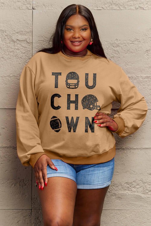 Simply Love Full Size TOUCHDOWN Long Sleeve Sweatshirt - Full Size Sweatshirt - Camel - Bella Bourget