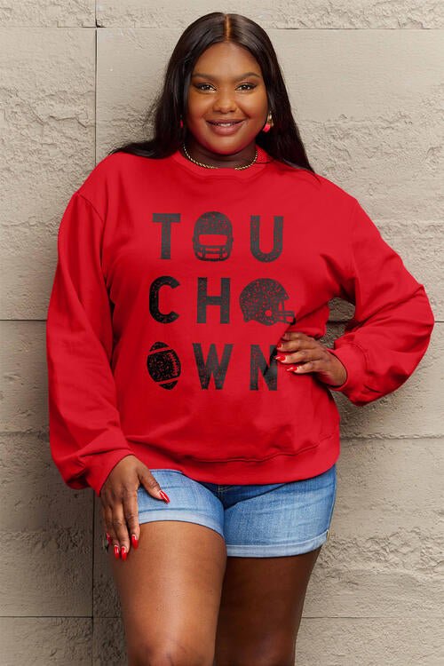 Simply Love Full Size TOUCHDOWN Long Sleeve Sweatshirt - Full Size Sweatshirt - Deep Red - Bella Bourget