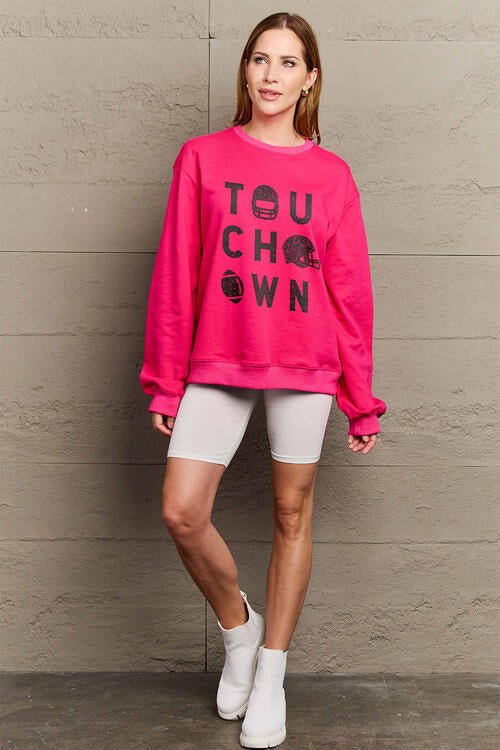 Simply Love Full Size TOUCHDOWN Long Sleeve Sweatshirt - Full Size Sweatshirt - Deep Rose - Bella Bourget