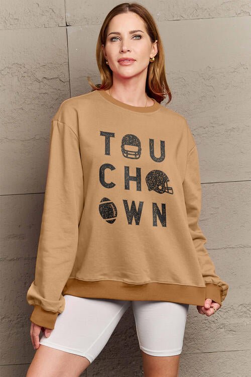 Simply Love Full Size TOUCHDOWN Long Sleeve Sweatshirt - Full Size Sweatshirt - Camel - Bella Bourget