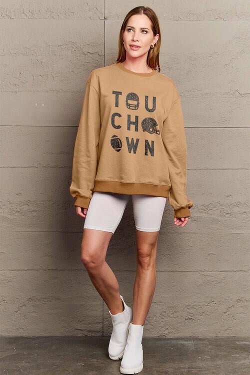 Simply Love Full Size TOUCHDOWN Long Sleeve Sweatshirt - Full Size Sweatshirt - Camel - Bella Bourget