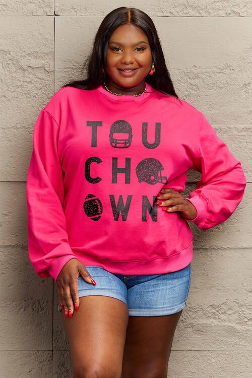 Simply Love Full Size TOUCHDOWN Long Sleeve Sweatshirt - Full Size Sweatshirt - Deep Rose - Bella Bourget