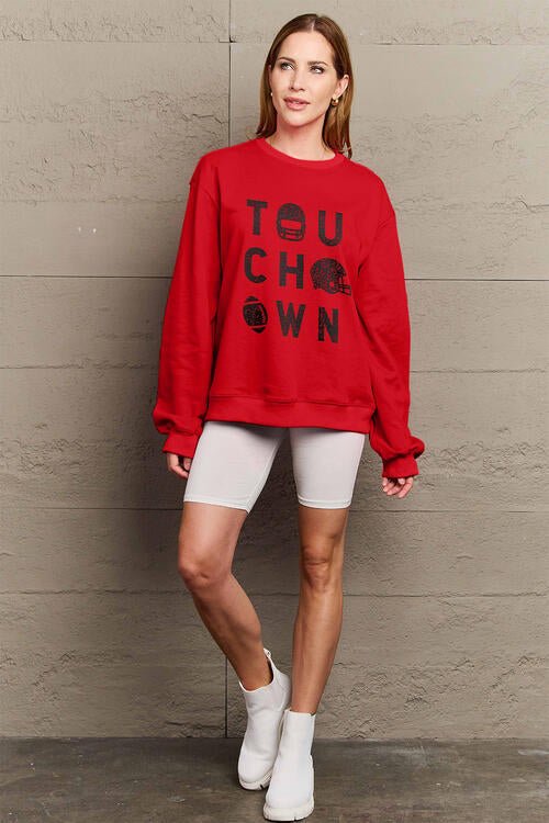 Simply Love Full Size TOUCHDOWN Long Sleeve Sweatshirt - Full Size Sweatshirt - Deep Red - Bella Bourget