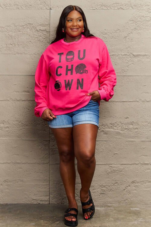 Simply Love Full Size TOUCHDOWN Long Sleeve Sweatshirt - Full Size Sweatshirt - Deep Rose - Bella Bourget