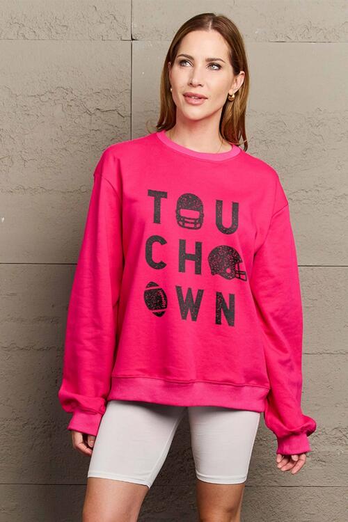 Simply Love Full Size TOUCHDOWN Long Sleeve Sweatshirt - Full Size Sweatshirt - Deep Rose - Bella Bourget