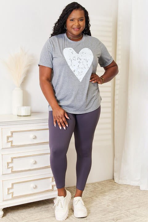 Simply Love Heart Graphic Cuffed Short Sleeve T - Shirt - TikTok - Heather Gray - Bella Bourget