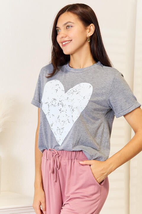 Simply Love Heart Graphic Cuffed Short Sleeve T - Shirt - TikTok - Heather Gray - Bella Bourget