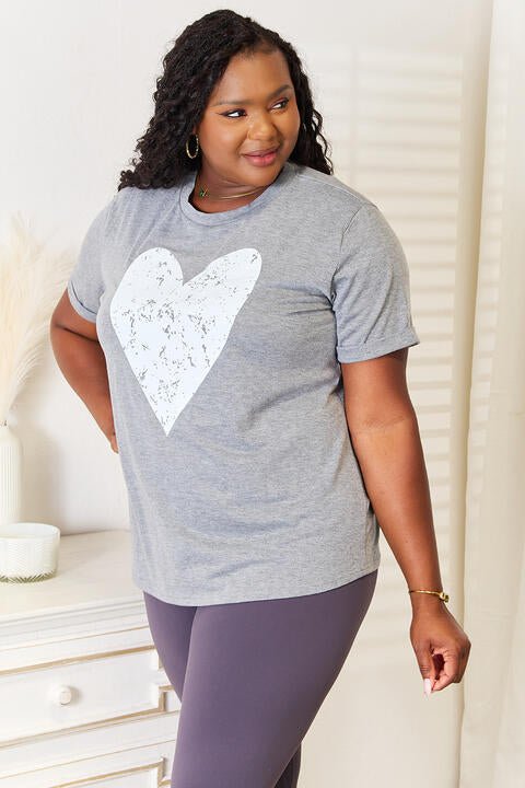 Simply Love Heart Graphic Cuffed Short Sleeve T - Shirt - TikTok - Heather Gray - Bella Bourget