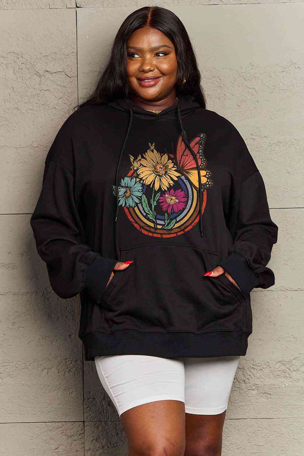 Simply Love Simply Love Full Size Butterfly and Flower Graphic Hoodie - Full Size Hoodie - Black - Bella Bourget