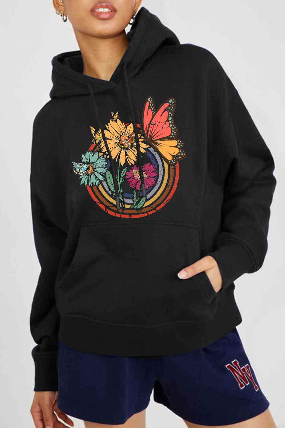 Simply Love Simply Love Full Size Butterfly and Flower Graphic Hoodie - Full Size Hoodie - Black - Bella Bourget