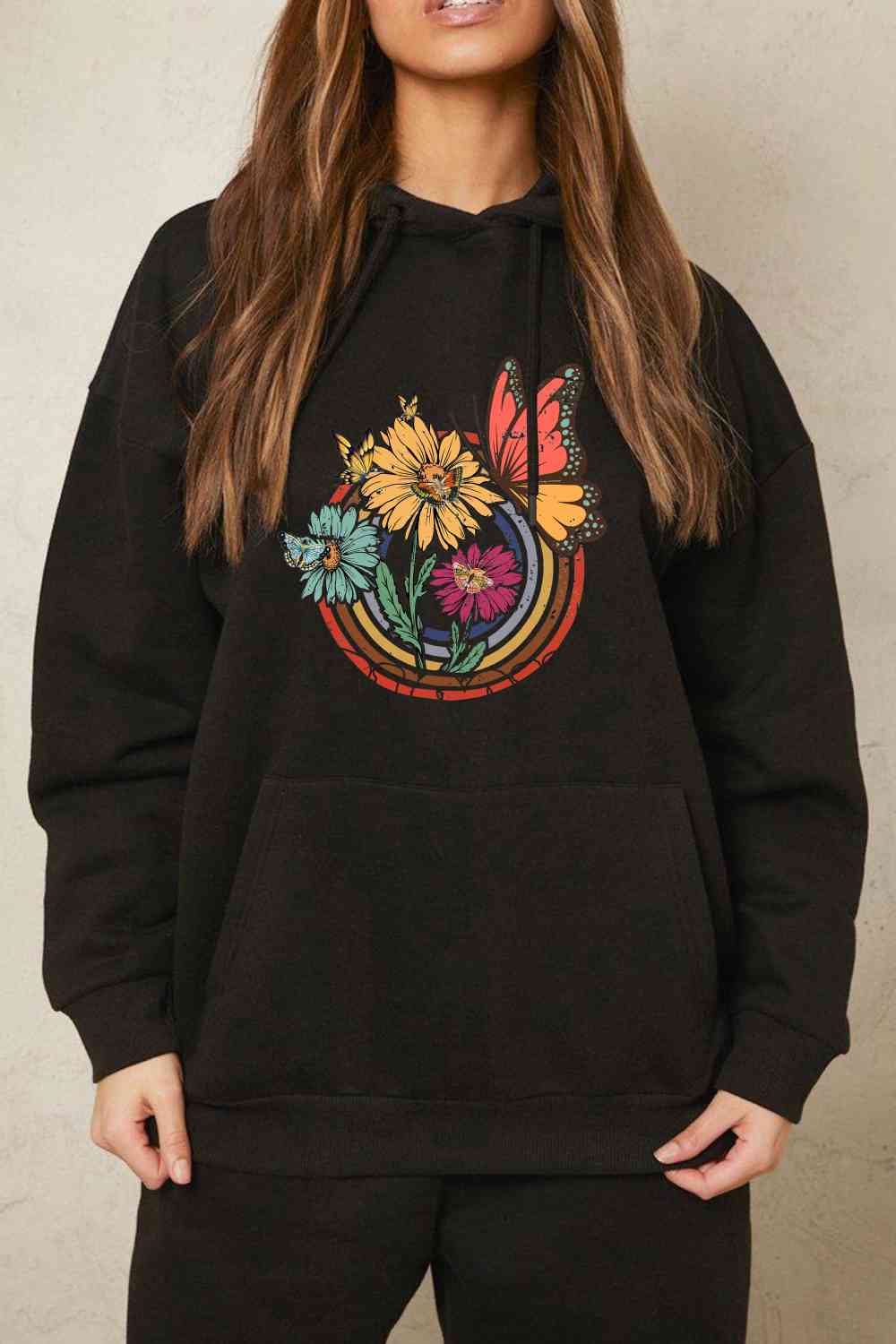 Simply Love Simply Love Full Size Butterfly and Flower Graphic Hoodie - Full Size Hoodie - Black - Bella Bourget