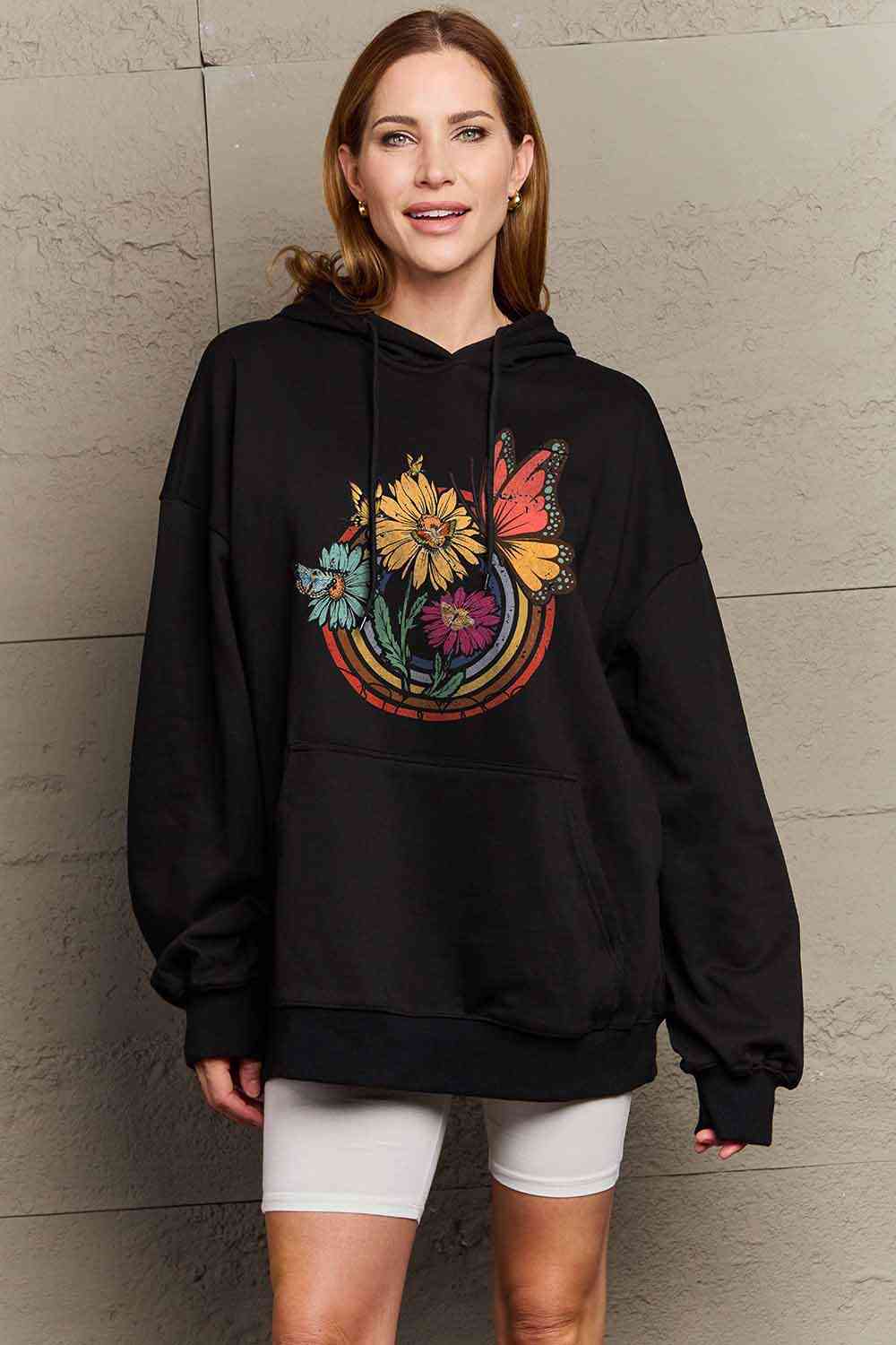 Simply Love Simply Love Full Size Butterfly and Flower Graphic Hoodie - Full Size Hoodie - Black - Bella Bourget