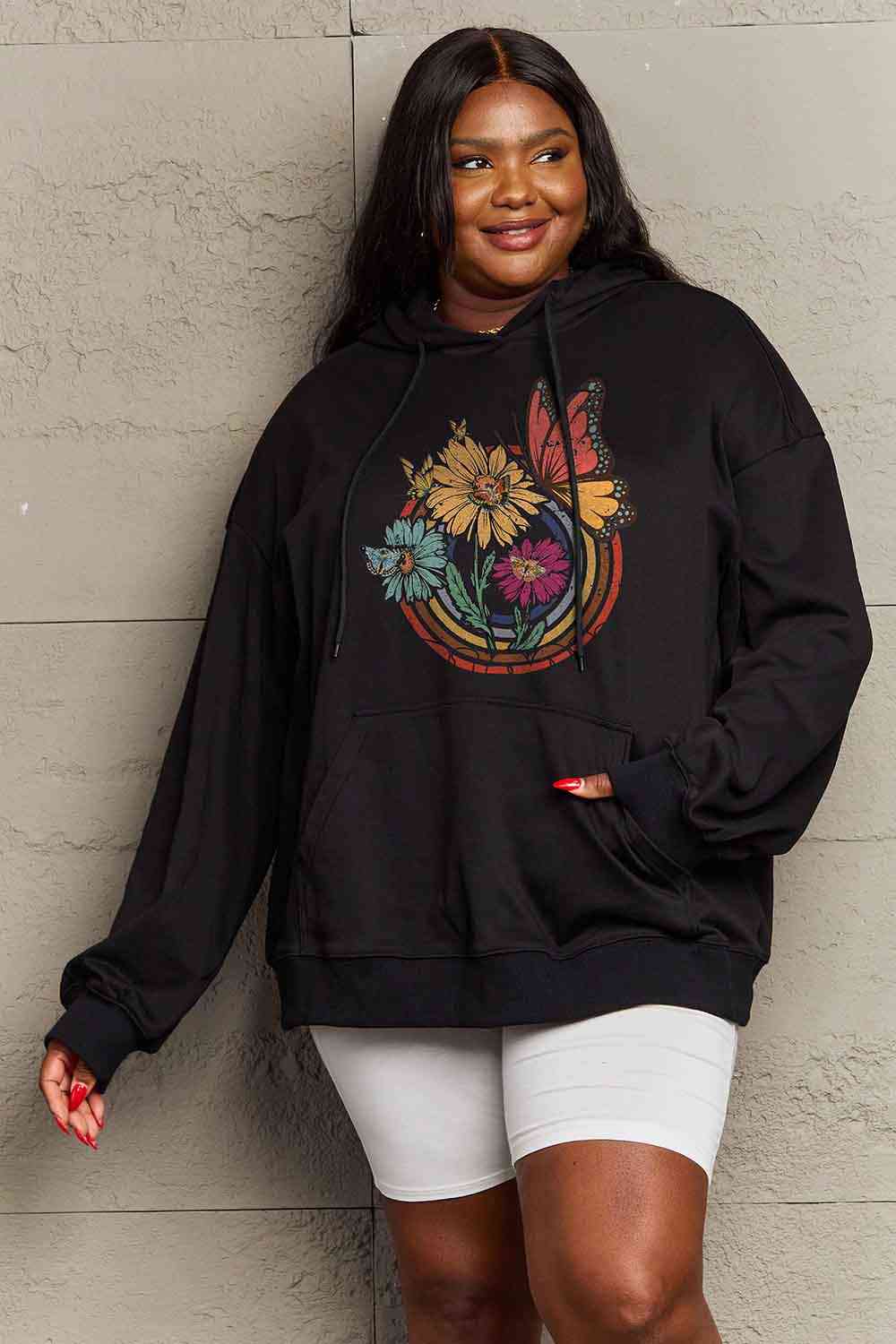 Simply Love Simply Love Full Size Butterfly and Flower Graphic Hoodie - Full Size Hoodie - Black - Bella Bourget