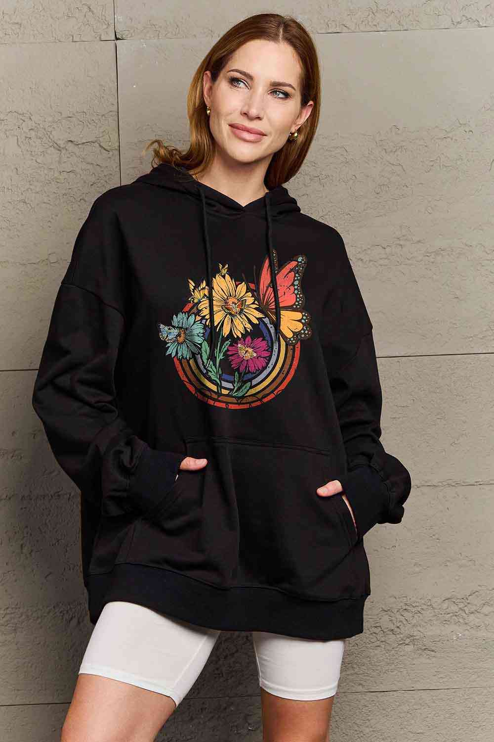 Simply Love Simply Love Full Size Butterfly and Flower Graphic Hoodie - Full Size Hoodie - Black - Bella Bourget