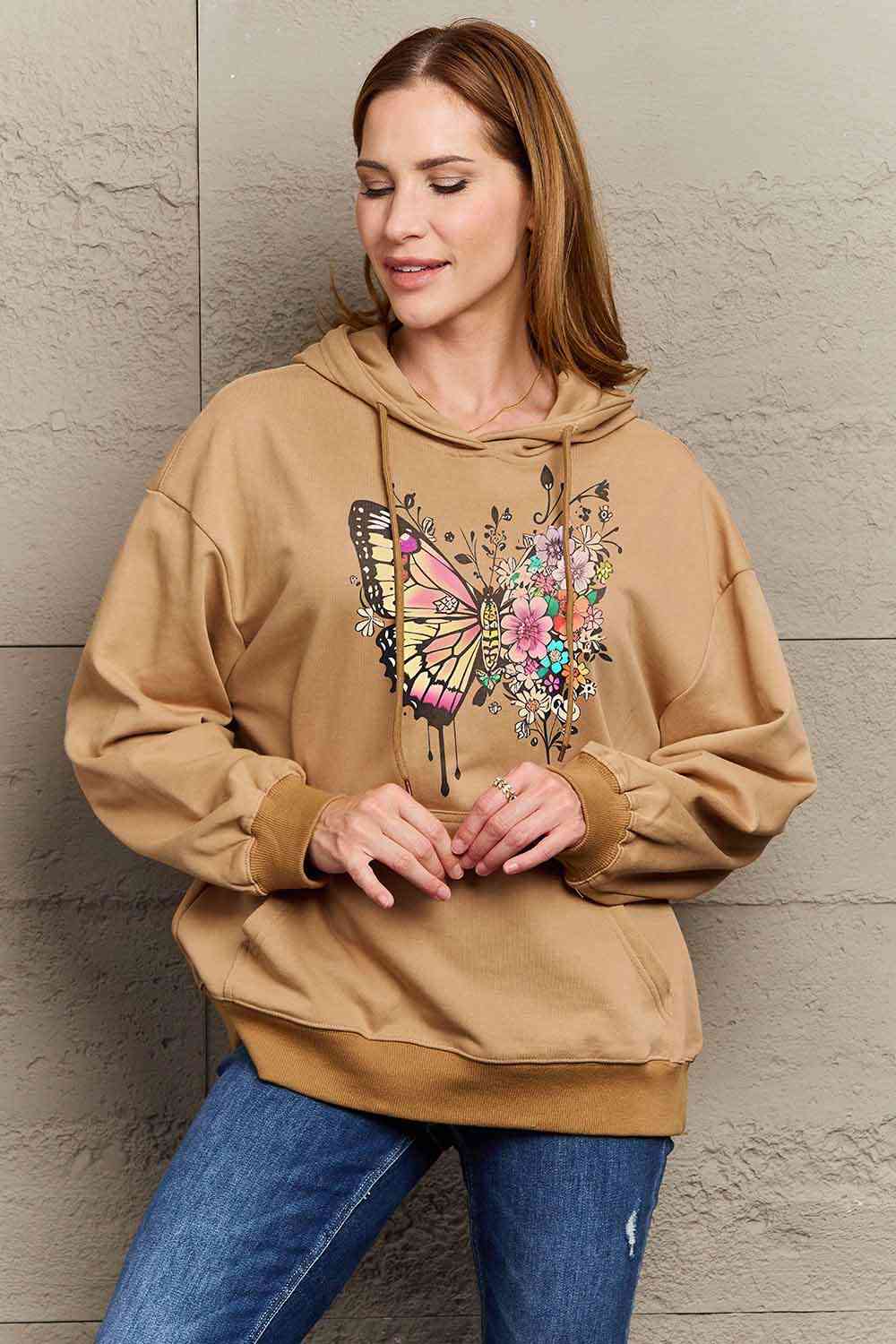 Simply Love Simply Love Full Size Butterfly Graphic Dropped Shoulder Hoodie - Full Size Hoodie - Taupe - Bella Bourget