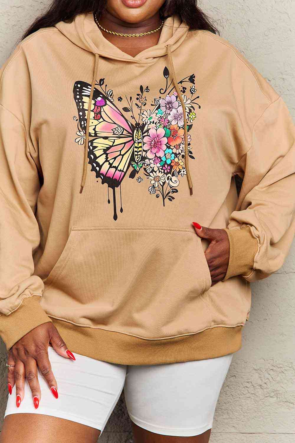 Simply Love Simply Love Full Size Butterfly Graphic Dropped Shoulder Hoodie - Full Size Hoodie - Taupe - Bella Bourget