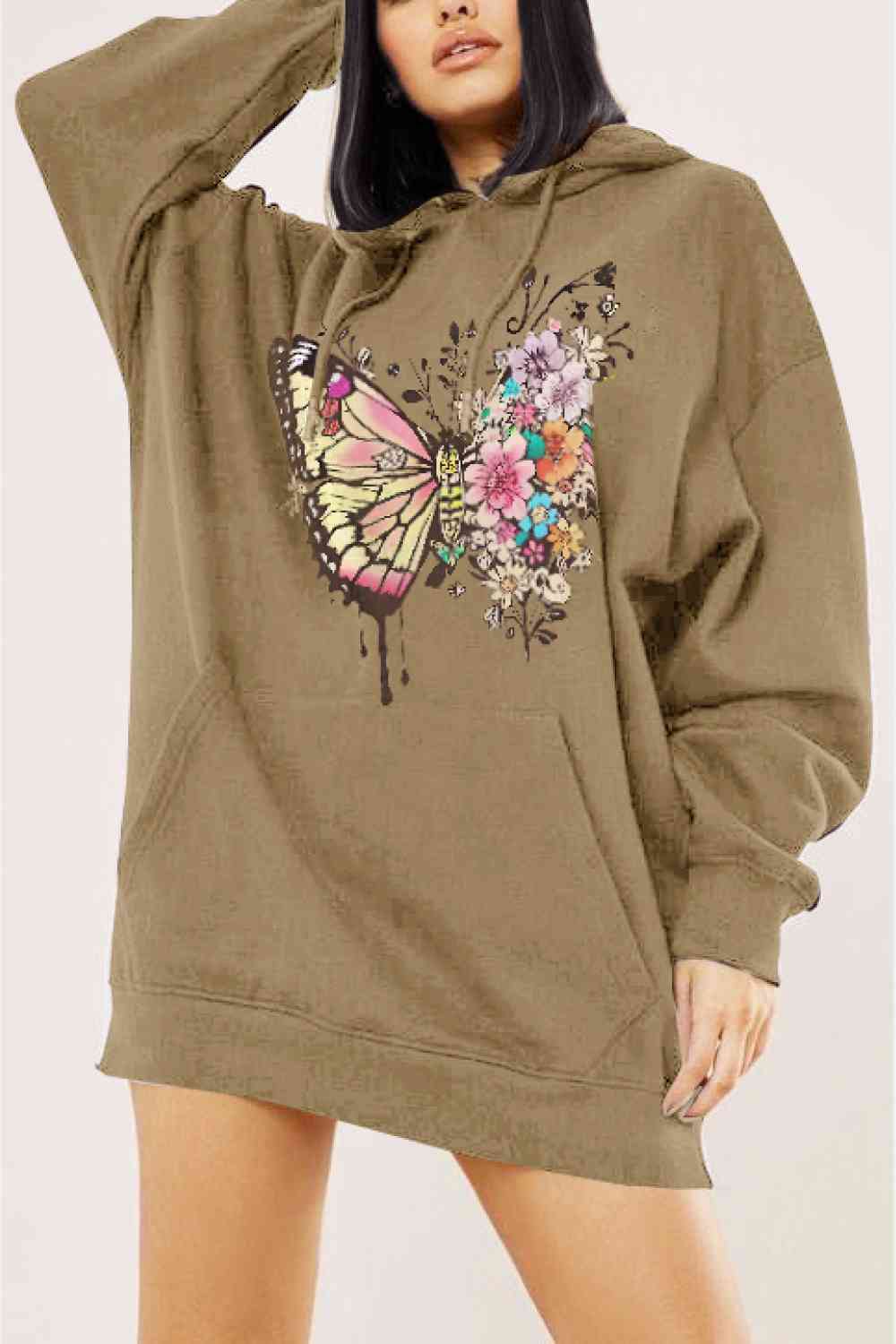 Simply Love Simply Love Full Size Butterfly Graphic Dropped Shoulder Hoodie - Full Size Hoodie - Taupe - Bella Bourget