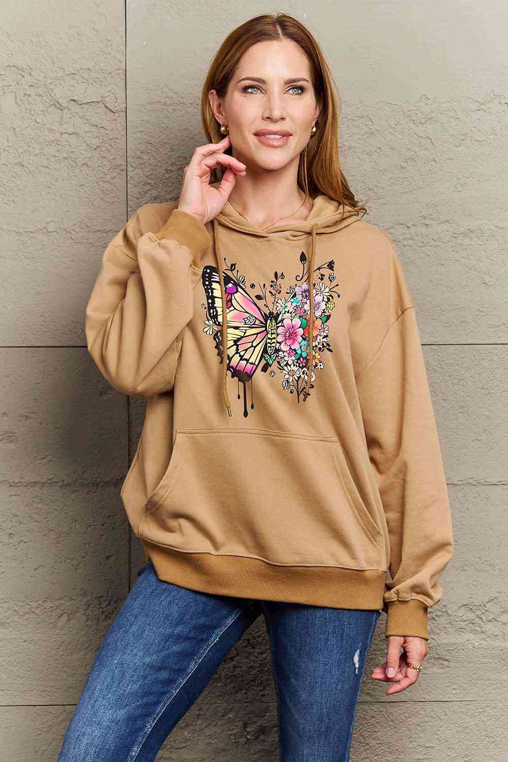 Simply Love Simply Love Full Size Butterfly Graphic Dropped Shoulder Hoodie - Full Size Hoodie - Taupe - Bella Bourget