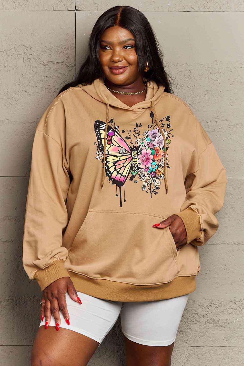 Simply Love Simply Love Full Size Butterfly Graphic Dropped Shoulder Hoodie - Full Size Hoodie - Taupe - Bella Bourget