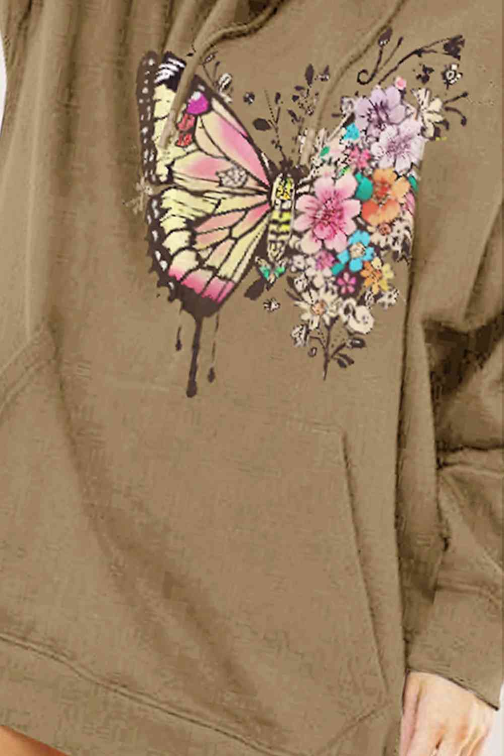 Simply Love Simply Love Full Size Butterfly Graphic Dropped Shoulder Hoodie - Full Size Hoodie - Taupe - Bella Bourget