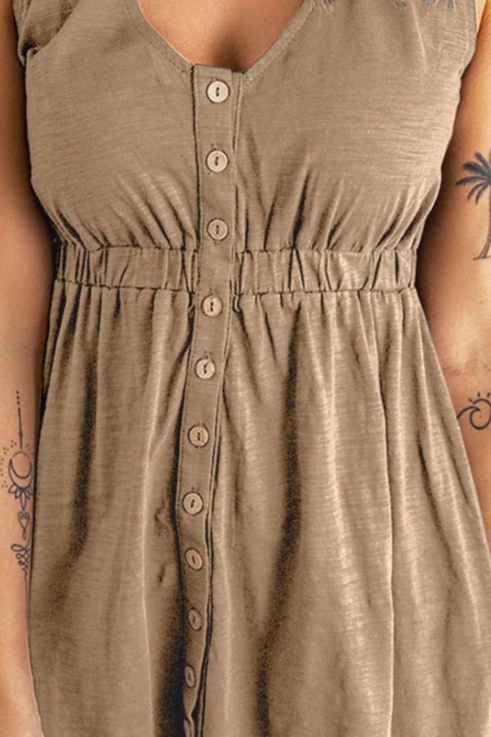 Sleeveless Button Down Mini Dress - Dress - Khaki - Bella Bourget