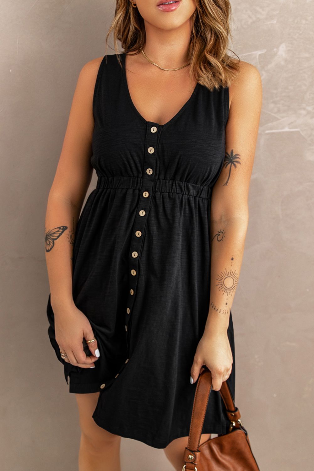 Sleeveless Button Down Mini Dress - Dress - Black - Bella Bourget