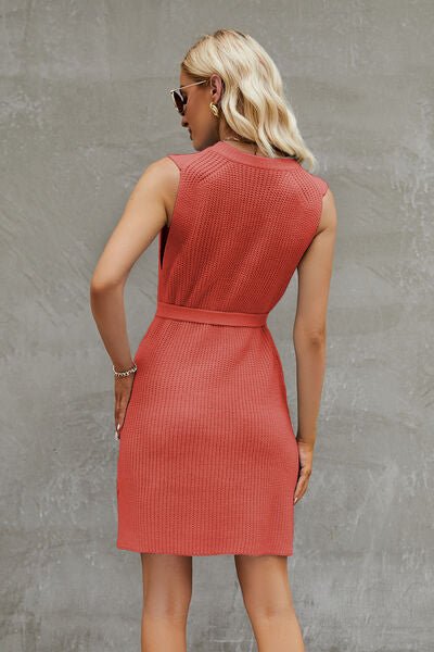 Sleeveless Sweater Dress with a round neckline and a tie - waist belt - Sweater Dress - Coral - Bella Bourget