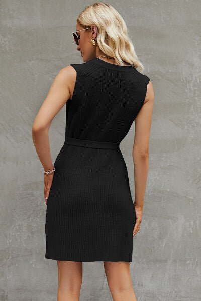 Sleeveless Sweater Dress with a round neckline and a tie - waist belt - Sweater Dress - Black - Bella Bourget