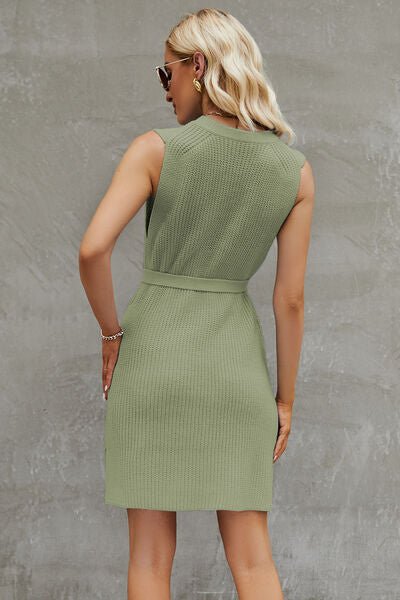 Sleeveless Sweater Dress with a round neckline and a tie - waist belt - Sweater Dress - Sage - Bella Bourget