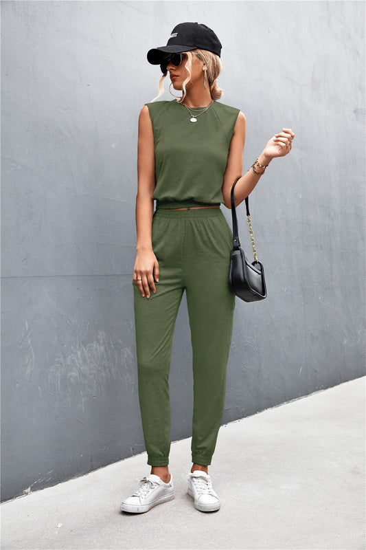 Sleeveless Top and Joggers Set - Active Set - Army Green - Bella Bourget