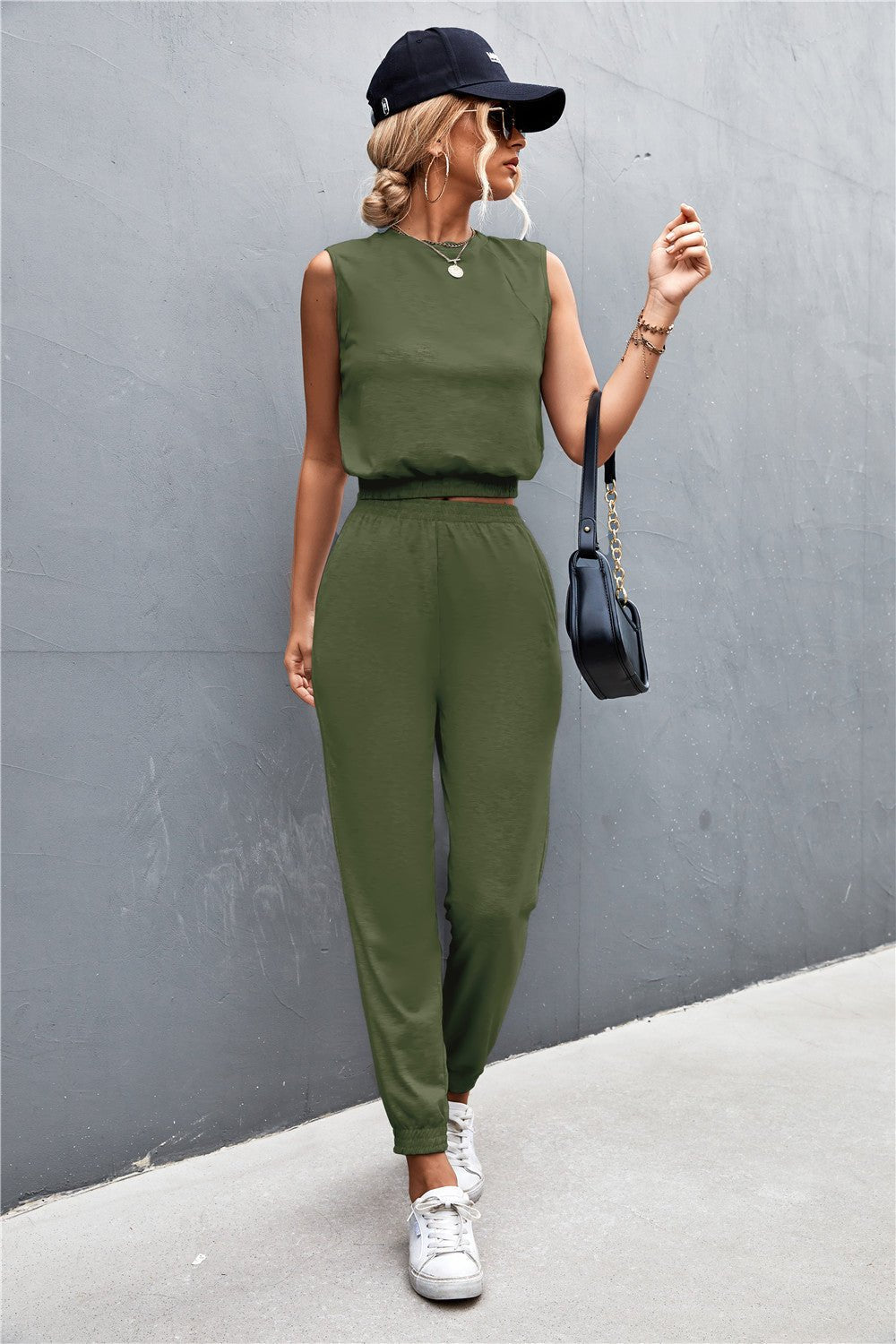 Sleeveless Top and Joggers Set - Active Set - Army Green - Bella Bourget