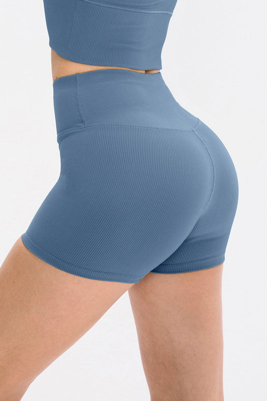 Slim Fit Wide Waistband Sports Shorts - Active Bottoms - Misty Blue - Bella Bourget