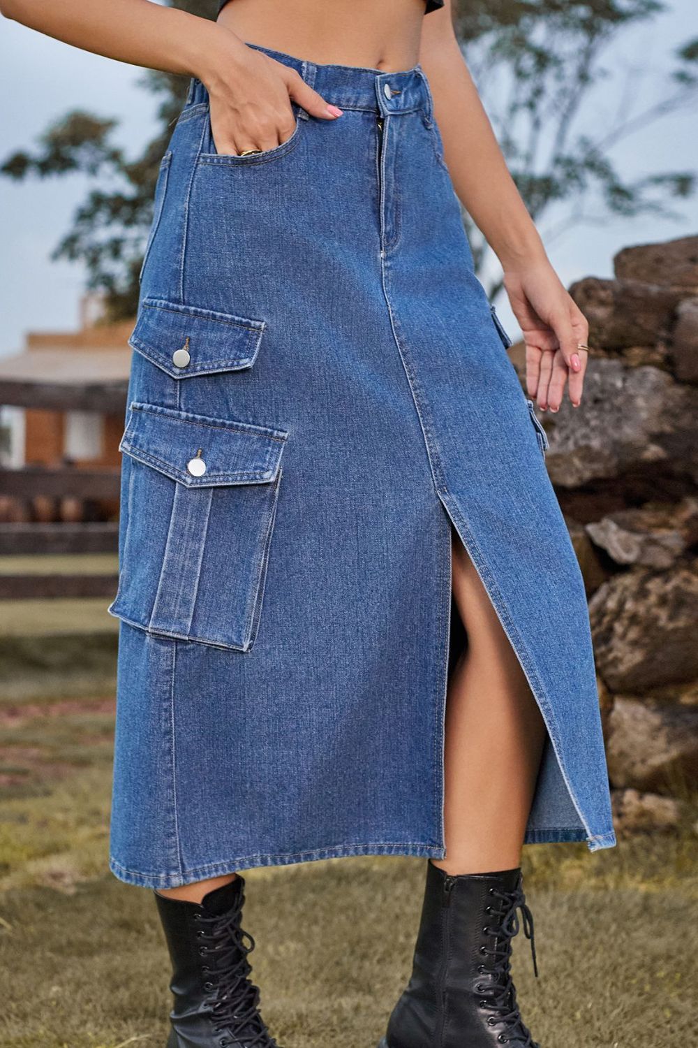 Slit Front Midi Denim Skirt with Cargo Pockets - Denim Skirt - Bella Bourget