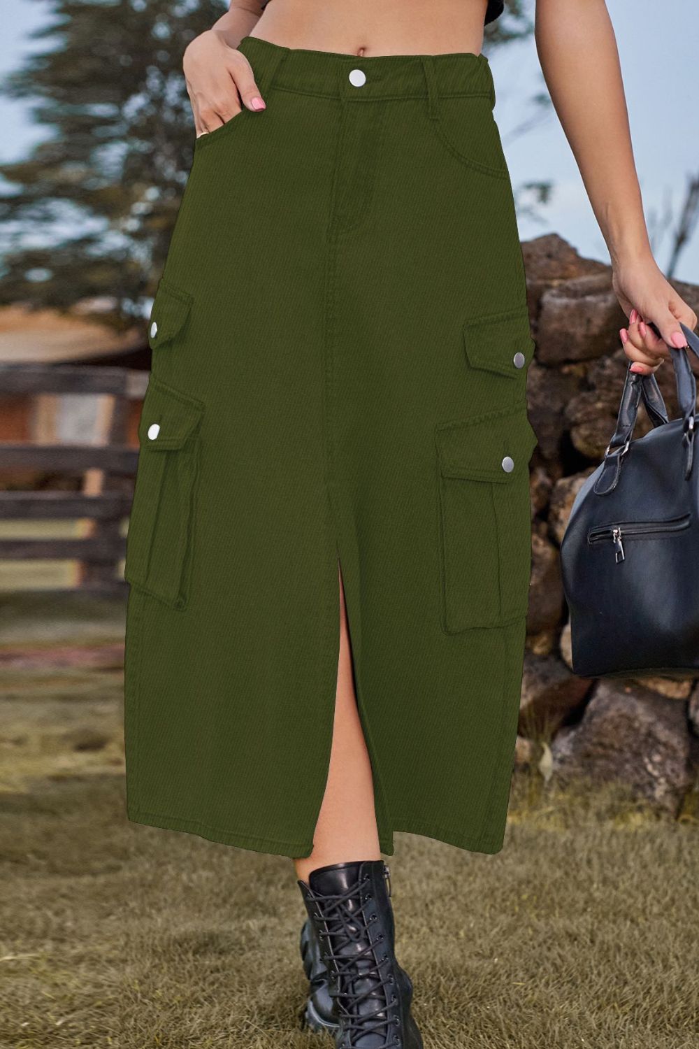 Slit Front Midi Denim Skirt with Cargo Pockets - Denim Skirt - Bella Bourget