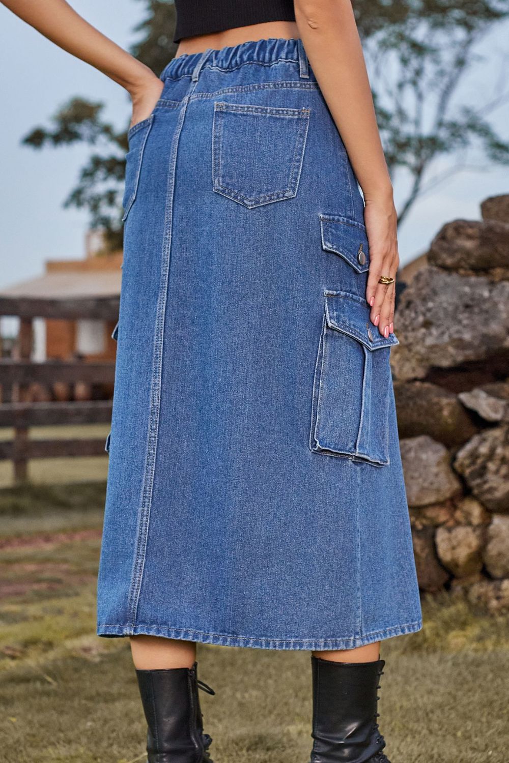 Slit Front Midi Denim Skirt with Cargo Pockets - Denim Skirt - Bella Bourget