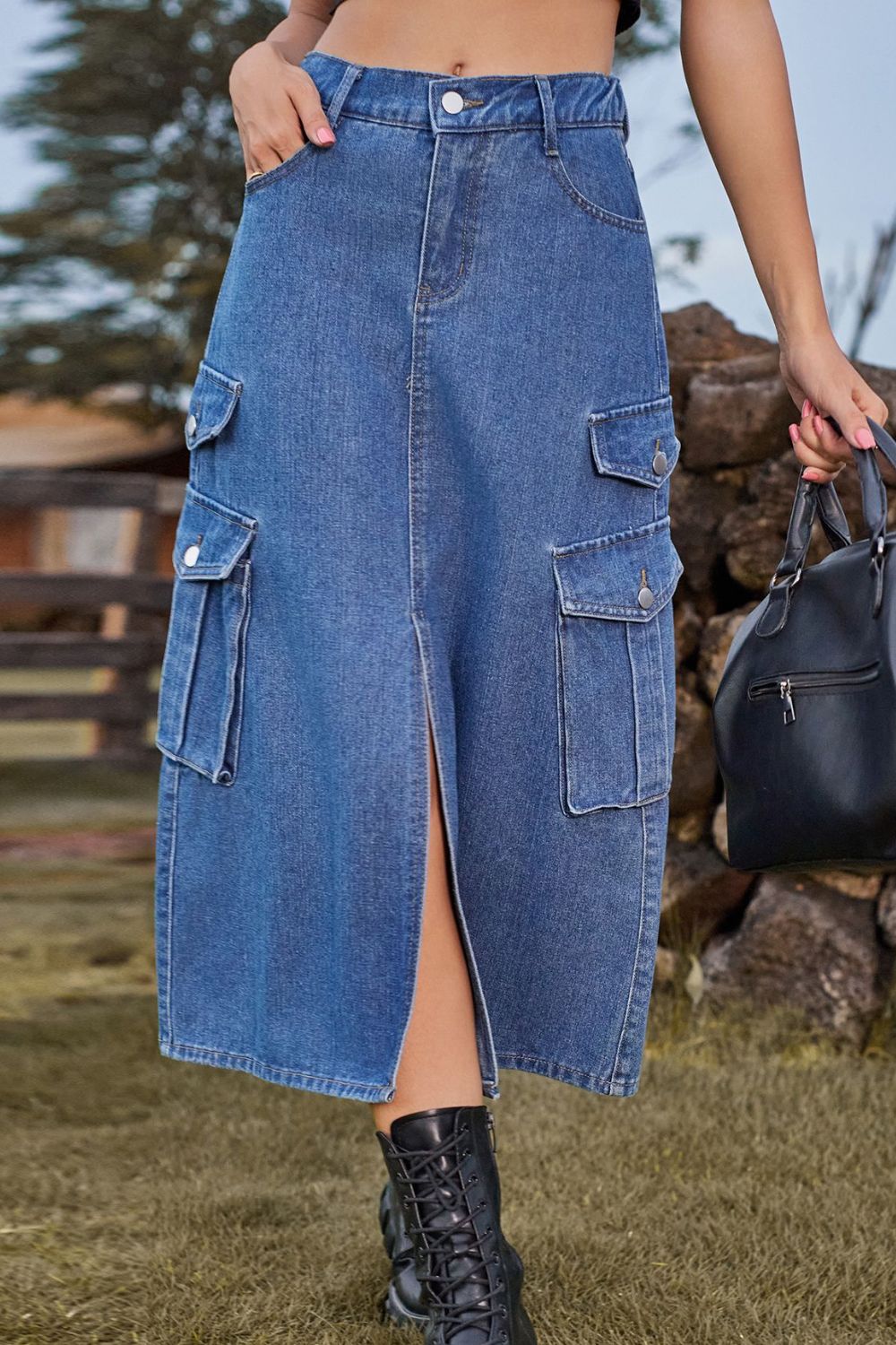 Slit Front Midi Denim Skirt with Cargo Pockets - Denim Skirt - Bella Bourget