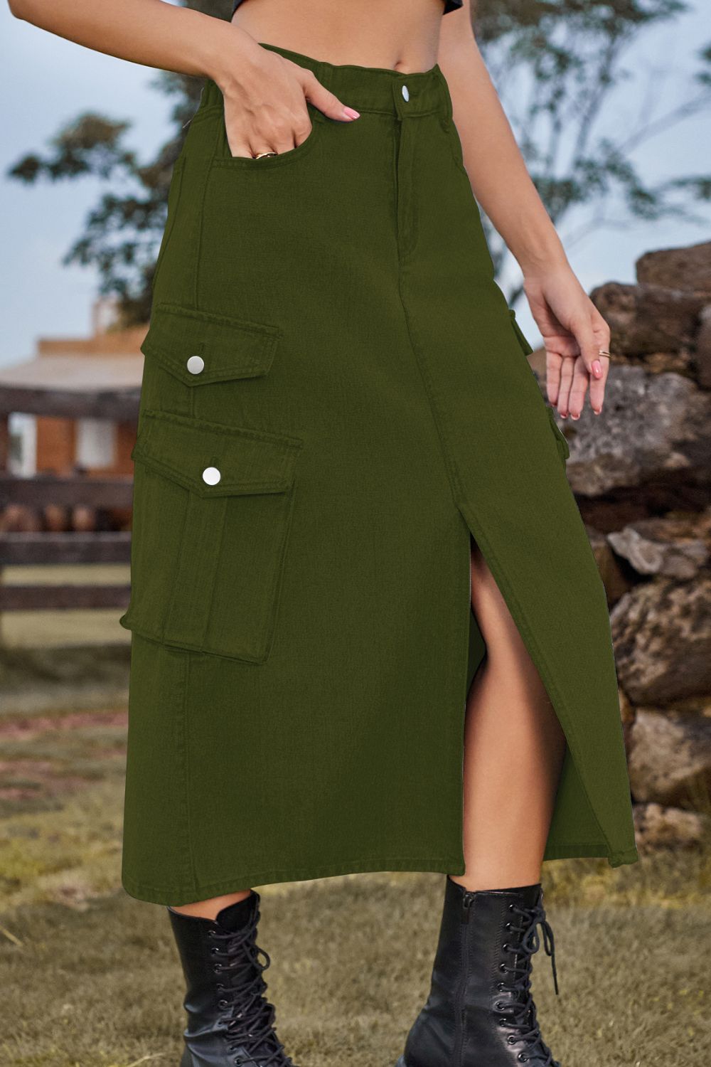 Slit Front Midi Denim Skirt with Cargo Pockets - Denim Skirt - Bella Bourget