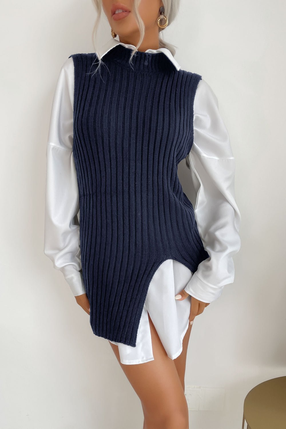 Slit Hem Sweater Vest Dress - Dress - Navy - Bella Bourget