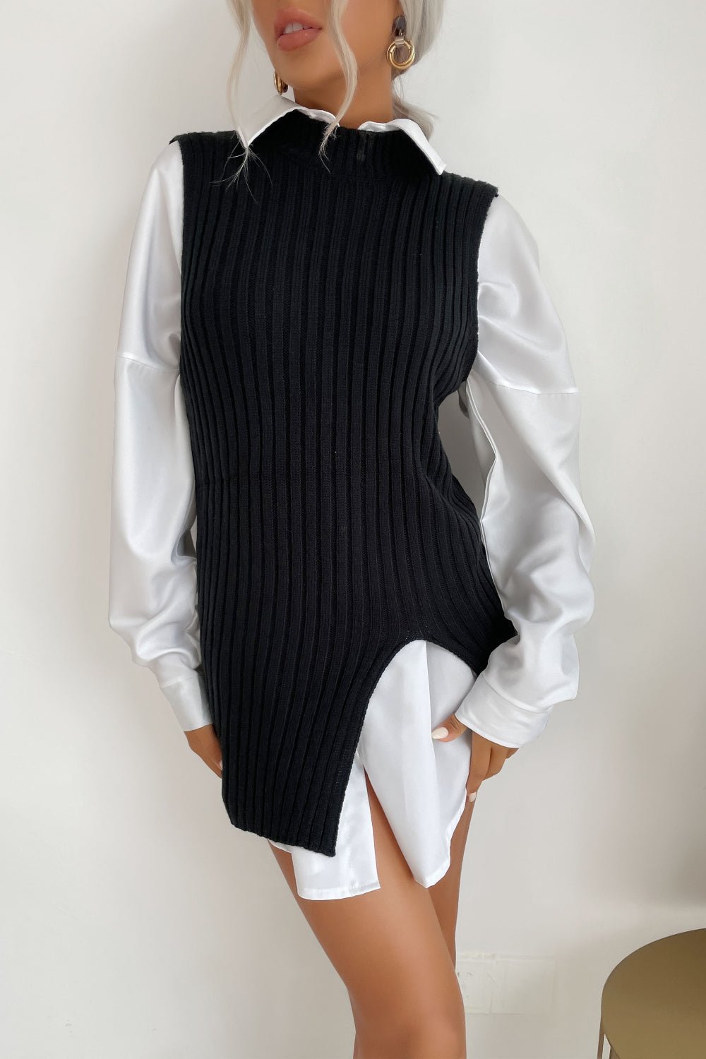 Slit Hem Sweater Vest Dress - Dress - Black - Bella Bourget