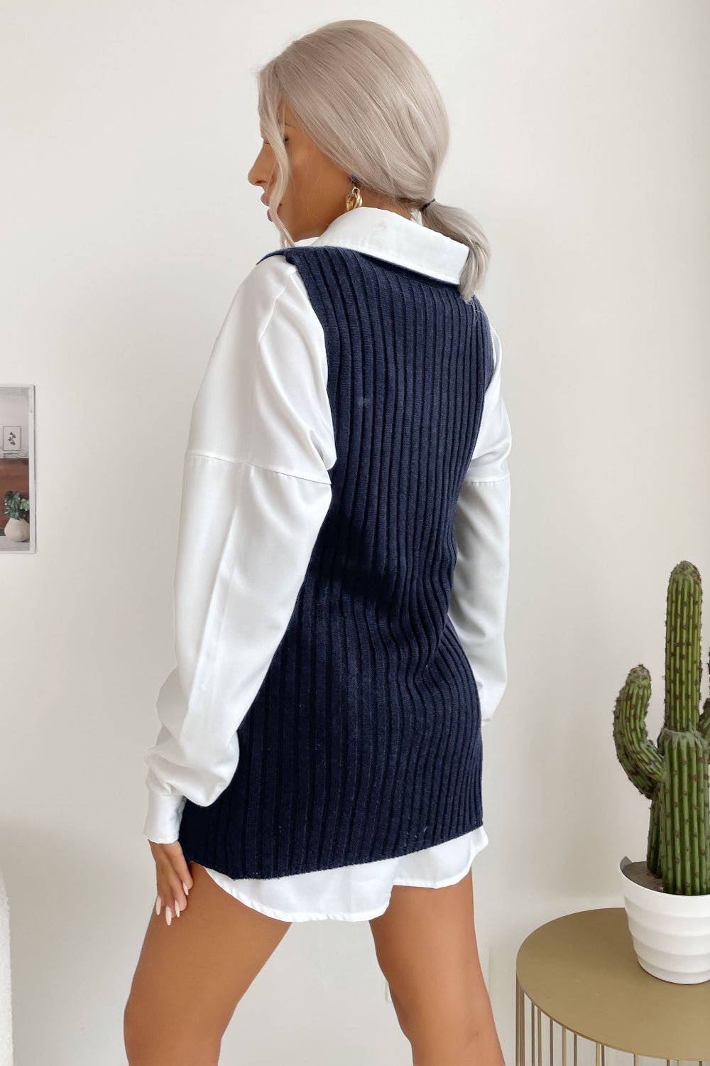 Slit Hem Sweater Vest Dress - Dress - Navy - Bella Bourget