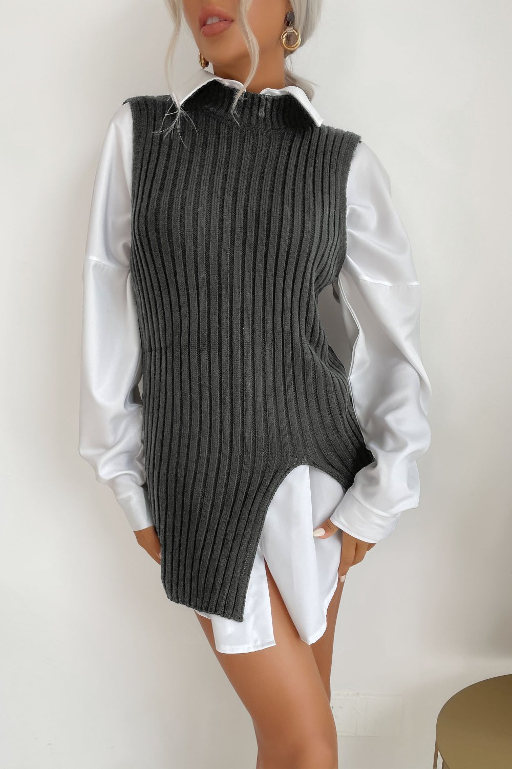 Slit Hem Sweater Vest Dress - Dress - Gray - Bella Bourget