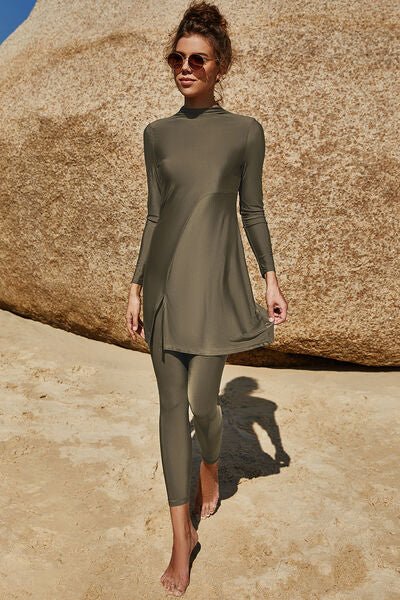 Slit Mock Neck Long Sleeve Top and Pants Swim Set - Army Green - Bella Bourget