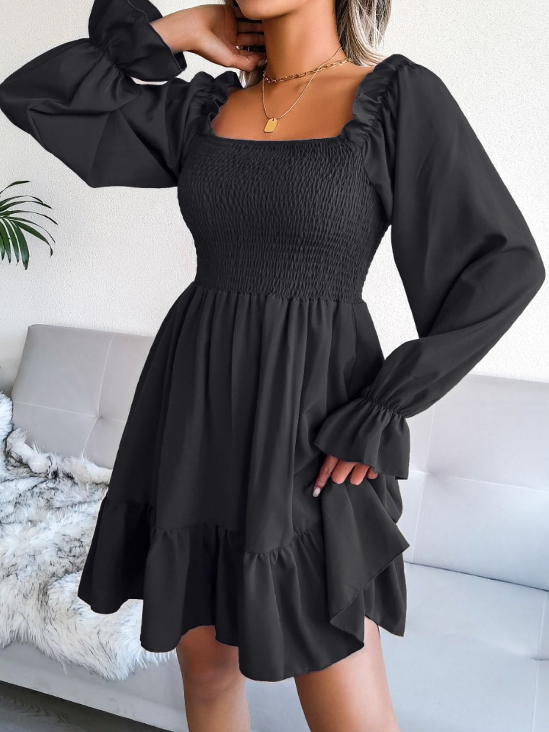 Smocked Flounce Sleeve Square Neck Dress - Dress - Black - Bella Bourget