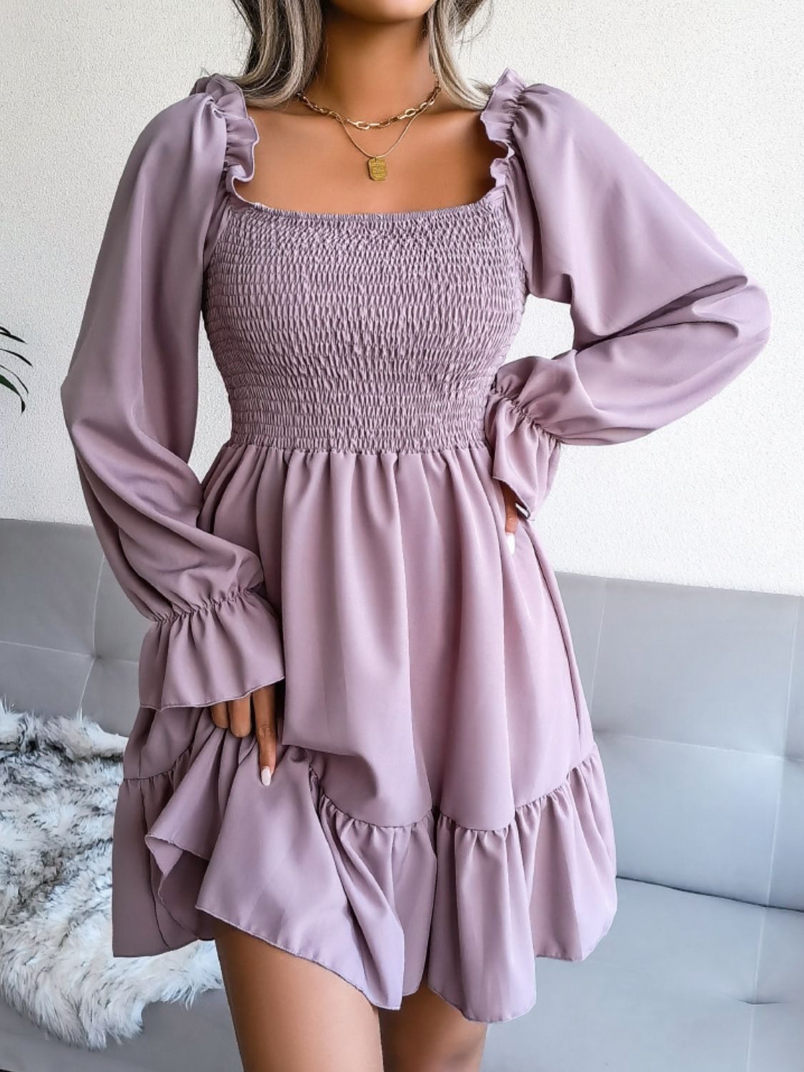 Smocked Flounce Sleeve Square Neck Dress - Dress - Lilac - Bella Bourget