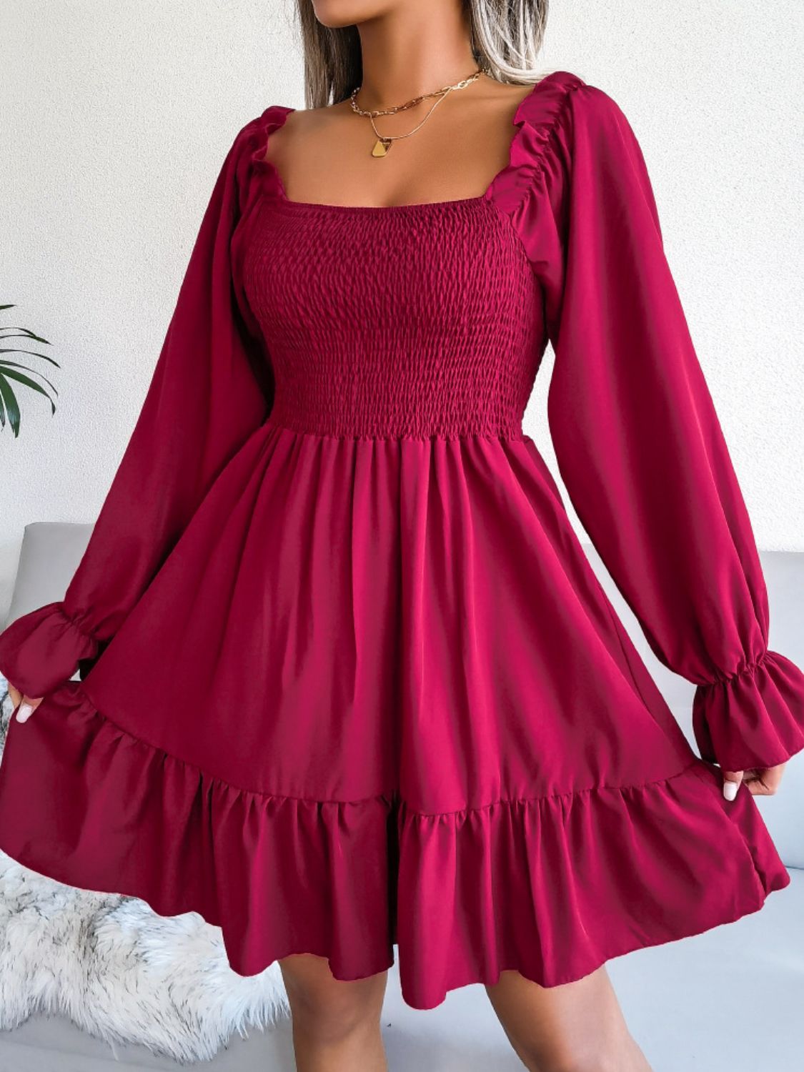 Smocked Flounce Sleeve Square Neck Dress - Dress - Wine - Bella Bourget