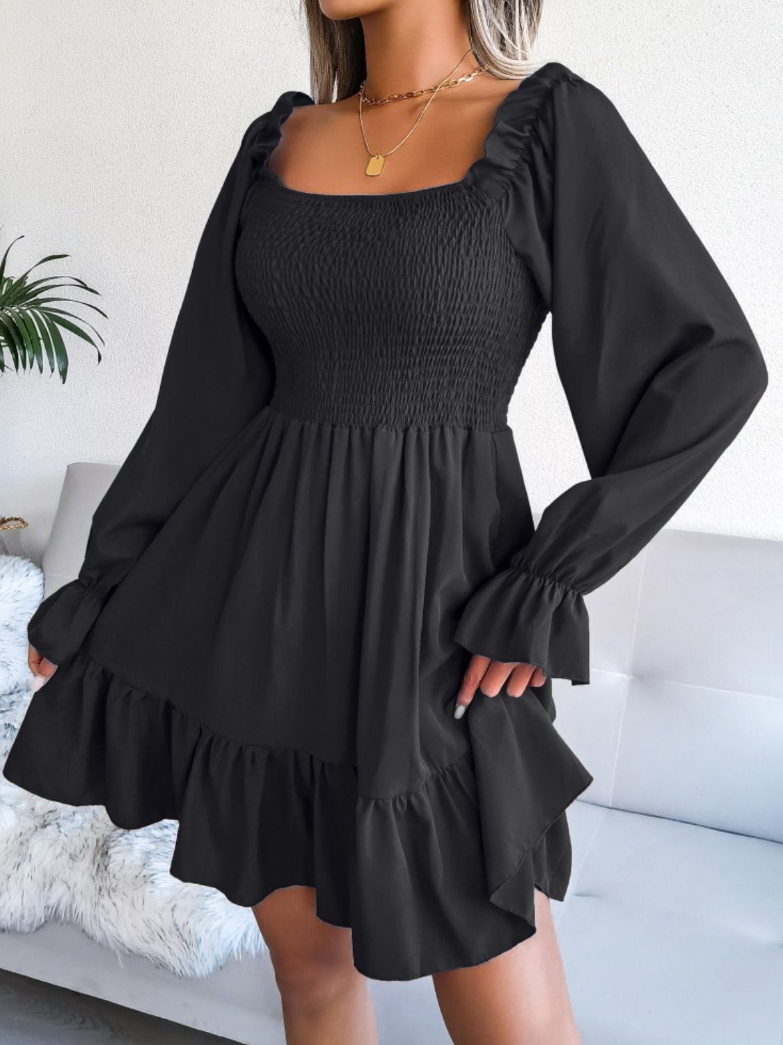 Smocked Flounce Sleeve Square Neck Dress - Dress - Black - Bella Bourget