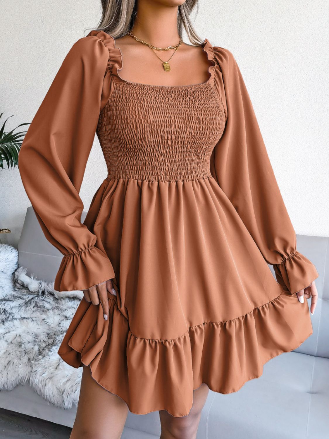 Smocked Flounce Sleeve Square Neck Dress - Dress - Ochre - Bella Bourget